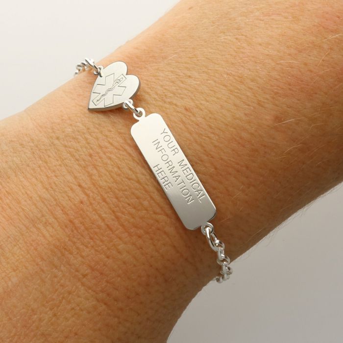 Sterling Silver Medic Aware Heart And Tag Bracelet