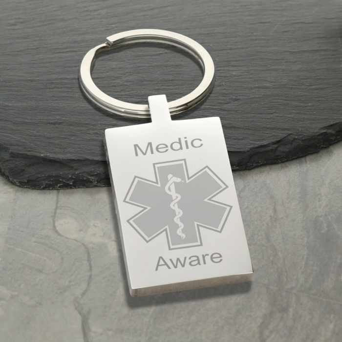 Mirror Polished Rectangle Medic Aware Star Of Life Keyring With Engraving