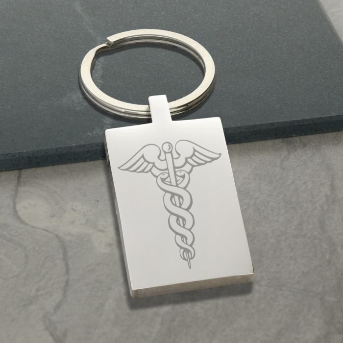 Mirror Polished Rectangle Medic Aware Caduceus Keyring With Engraving