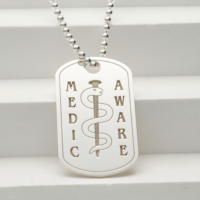 Sterling Silver Medic Aware Rod & Snake Dog Tag With Engraving