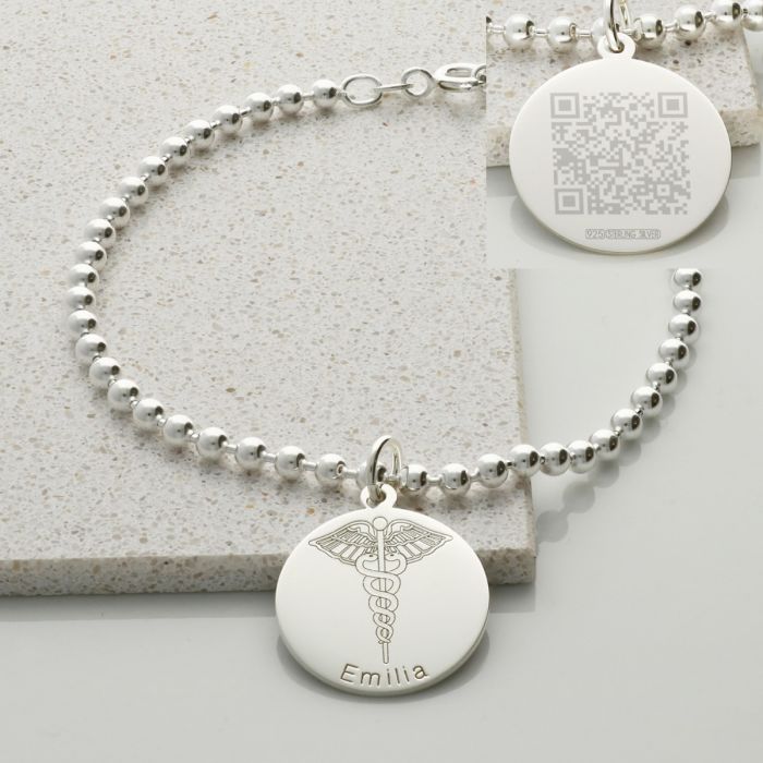 Unisex QR Code Medical ID Charm Bead Ball Bracelet in Sterling Silver