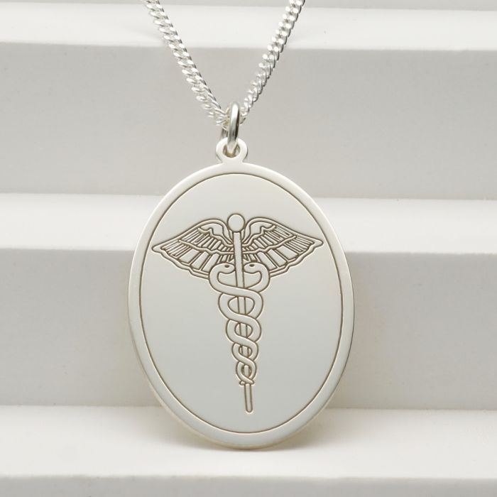 Sterling Silver Medic Aware Wings Oval Pendant & Chain