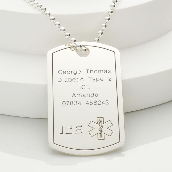 Sterling Silver ICE Medical Alert Cross Large Dog Tag Pendant 