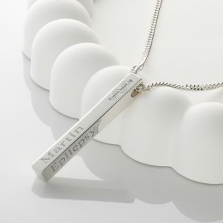 Engraved Medic Aware 3D Bar Pendant Necklace For Men In Sterling Silver