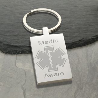Mirror Polished Rectangle Medic Aware Star Of Life Keyring With Engraving