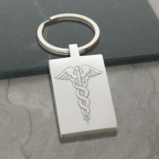 Mirror Polished Rectangle Medic Aware Caduceus Keyring With Engraving