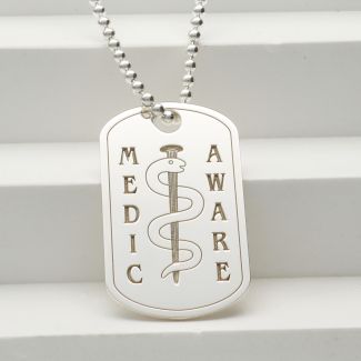 Sterling Silver Medic Aware Rod & Snake Dog Tag With Engraving