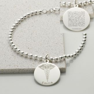 Unisex QR Code Medical ID Charm & Bead Ball Bracelet in Sterling Silver