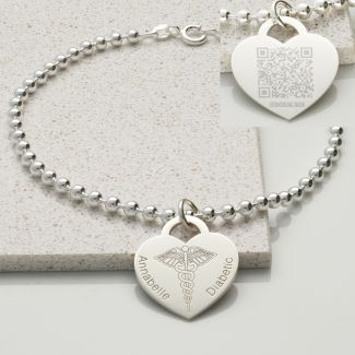 Women's QR Code Medic ID Heart Charm and Bead Ball Bracelet in Sterling Silver
