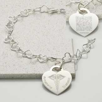 Sterling Silver Heart on Hearts QR Code Medical ID Charm Bracelet 