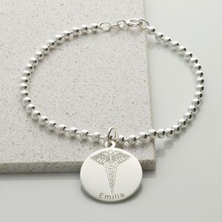 Women's Engraved Medic ID Charm and Bead Ball Bracelet in Sterling Silver