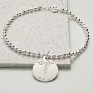 Men's Engraved Medic ID Charm and Bead Ball Bracelet in Sterling Silver
