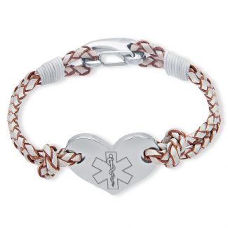 Ladies Leather and Stainless Steel Heart Medical Bracelet On Pearl Leather Bracelet