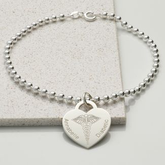 Women's Engraved Medic ID Heart Charm and Bead Ball Bracelet in Sterling Silver