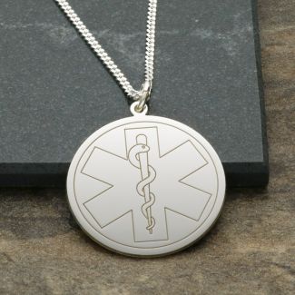 Sterling Silver Medic Aware Star of Life & Snake Round Pendant With Optional Chain